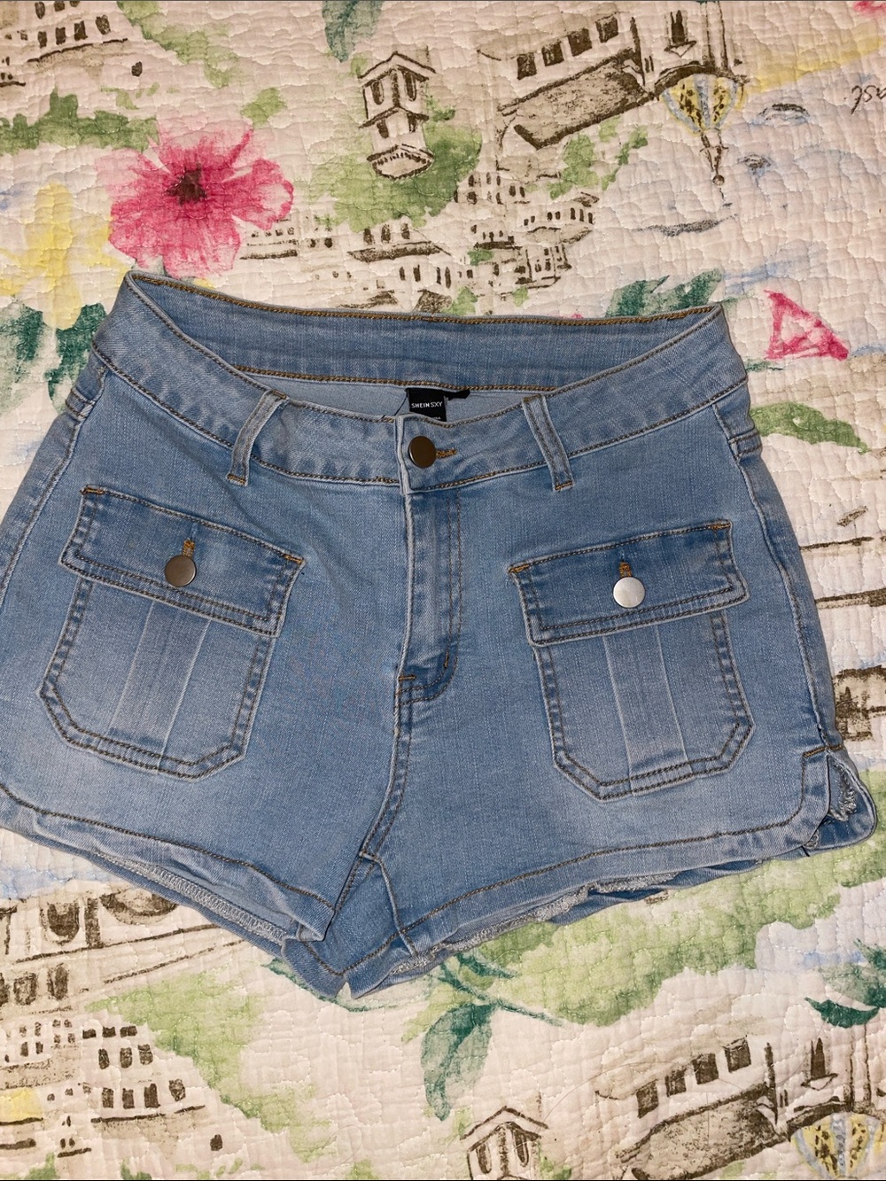 SHEIN Light Blue High-Rise Denim Cargo Pocket Shorts